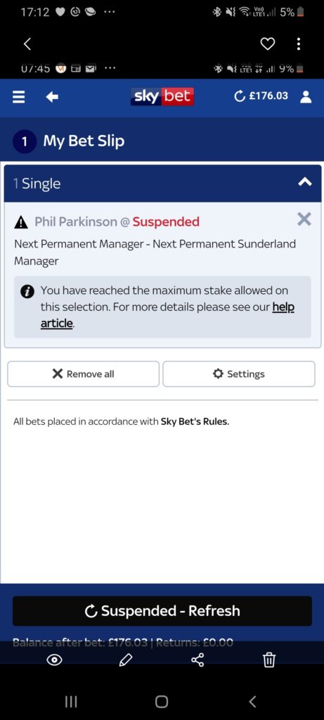 Next Sunderland Manager betting Phill Parkinson betting suspended