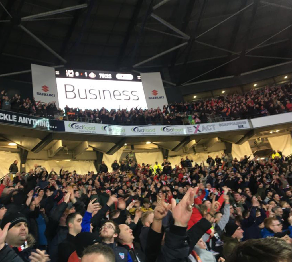 Sunderland fans celebrating a 1 - 0 win over MK Dons