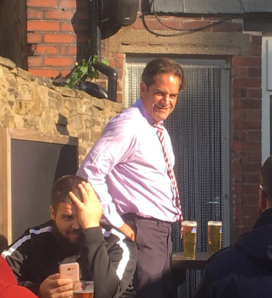 Charlie Methven enjoying a beer with Sunderland fans at Accrington