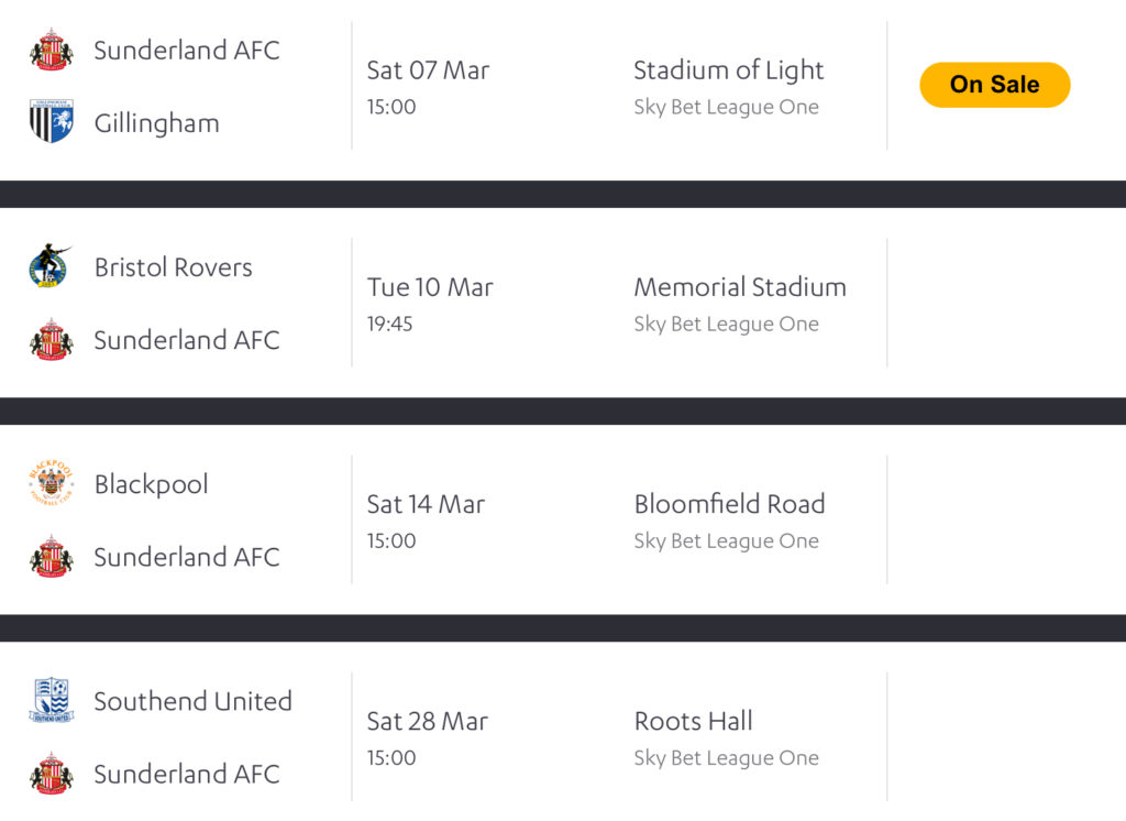 Sunderland fixtures in march